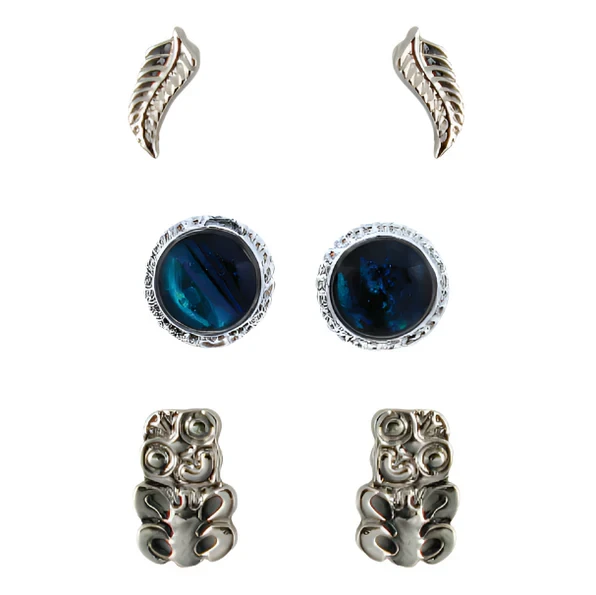 Set of 3 New Zealand paua shell studs - fern, round and tiki