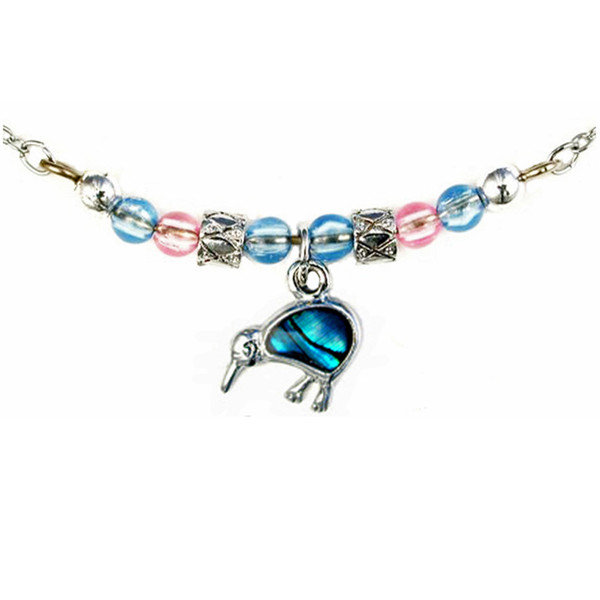 New Zealand paua shell kiwi pendant necklace with colourful beads
