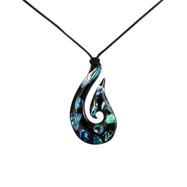 New Zealand paua flake Hei Matau fish hook pendant on cord