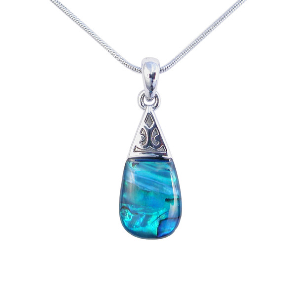 New Zealand paua teardrop pendant with Maori design cap on chain necklace