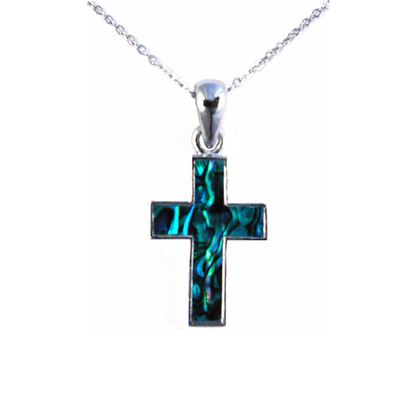 New Zealand paua shell cross pendant on chain necklace