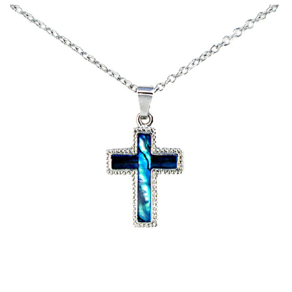 New Zealand paua shell cross pendant with crystals on chain necklace