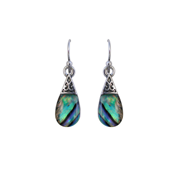 New Zealand paua shell teardrop earrings with Maori design cap on hooks (boxed)