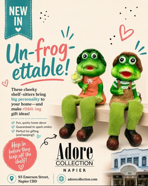 Cute frog shelf sitter ornaments with dangling legs – two designs