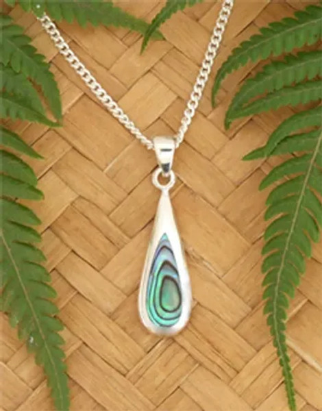 Sterling silver teardrop pendant with NZ paua shell inlay on sterling silver chain