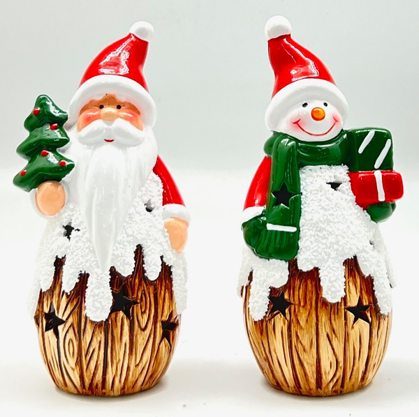 Santa and Snowman Christmas ornament with wood look body