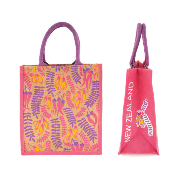 Hessian tote bag with Kowhai and Kakabeak design