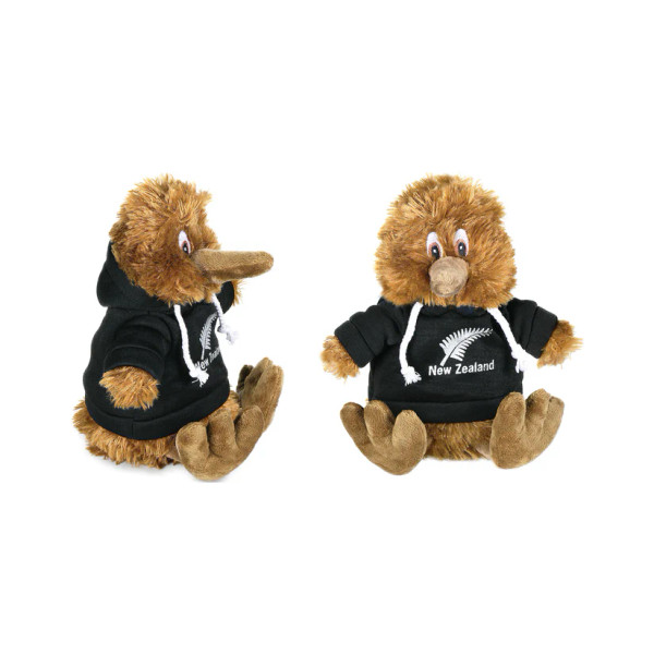 Fluffy New Zealand kiwi soft toy wearing a black hoodie, approximately 22cm tall