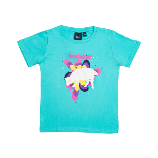 Aqua blue children’s New Zealand souvenir T-shirt with sheep and paint splatter design