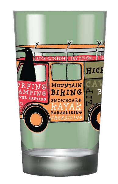 NZ Kiwi driving the combi van on this NZ souvenir momento gift shot glass