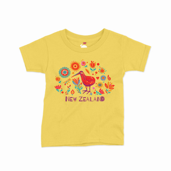 Yellow children's NZ souvenir T-shirt with kiwi and flowers
