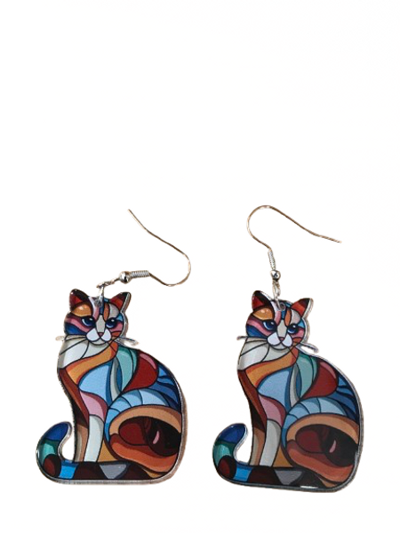 Multi-coloured dangly cat earrings on hooks