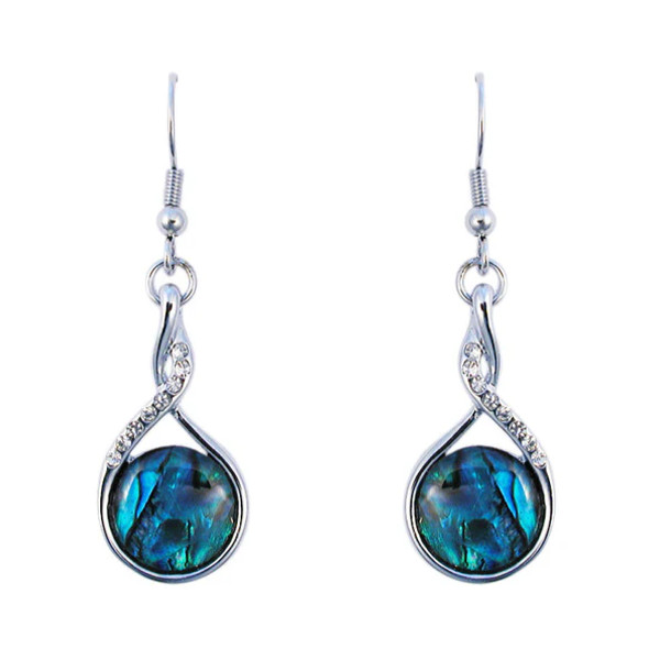 NZ paua shell round drop earrings with diamante twist on hooks