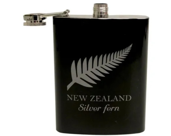 Kiwiana Hip Flask (8oz) with Silver fern design on black
