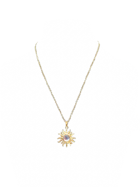 Gold coloured sun pendant with colourful centre on chain