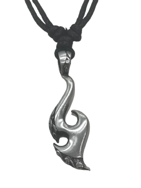 Pewter fish hook pendant with bordering tattoo design
