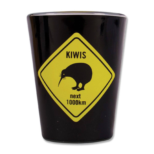 Kiwi Next 1000km Shot Glass – New Zealand Souvenir with Road Sign Design