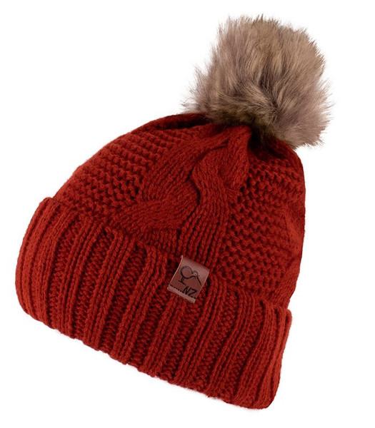 Wool Mix Cable Beanie Red with pom pom