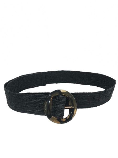 Stretchy black woven raffia belt with tortoiseshell resin buckle