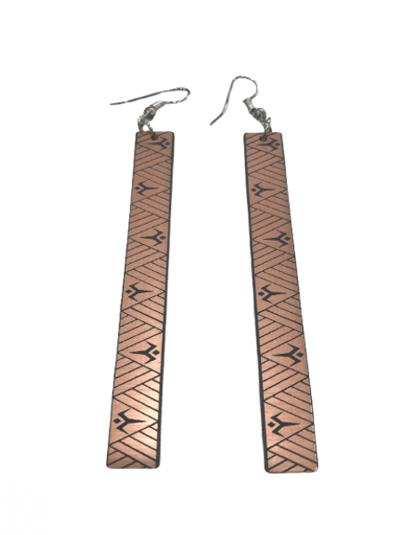 Metallic copper colour slim rectangle earrings with manulua design