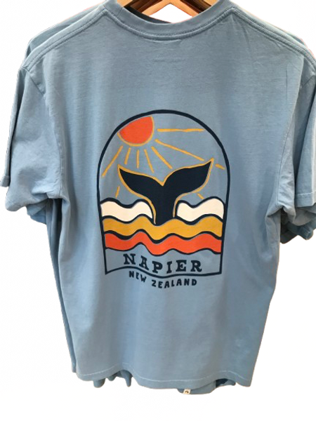 Sky blue Napier NZ T-shirt with whale tail and waves design