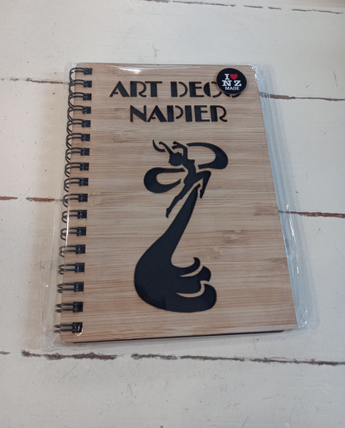 Art deco Napier notebook with bamboo cover and leaping lady design