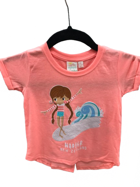 Bright peach colour kid's Napier NZ souvenir T-shirt with surfer girl