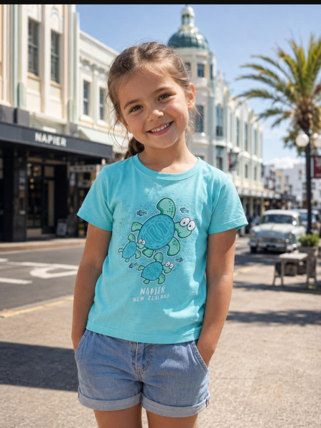 Aqua blue kids Napier New Zealand souvenir T-shirt with cartoon turtle and glitter design