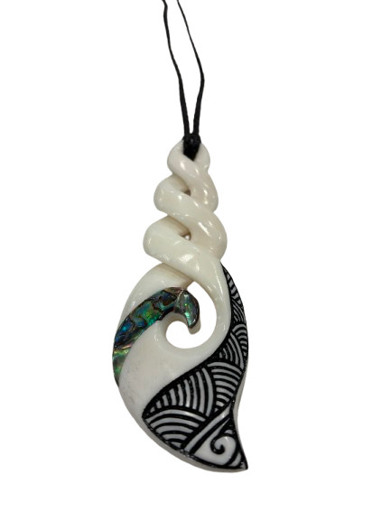 Quadruple Twist Bone Necklace with Paua shell inlay and black tattoo design
