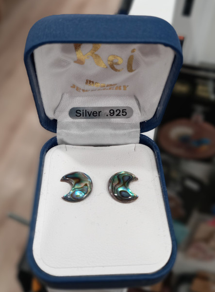 Carved crescent shaped NZ paua shell stud earrings