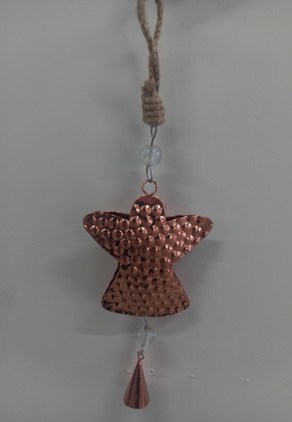 vintage style copper coloured metal hanging angel with peening hammered texture