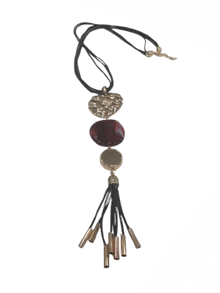 Hammered gold colour disc and burgundy resin necklace on black cord