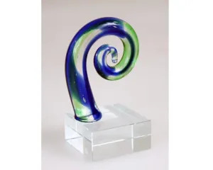 8CM Glass Koru frond - clear, blue and green