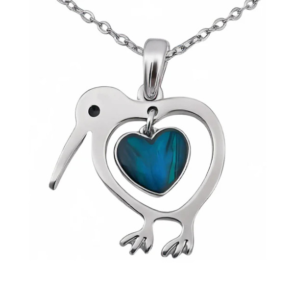 New Zealand Paua Kiwi Heart Chain Pendant Necklace