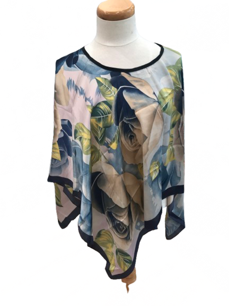 Summerweight poncho - floral design with navy blue border