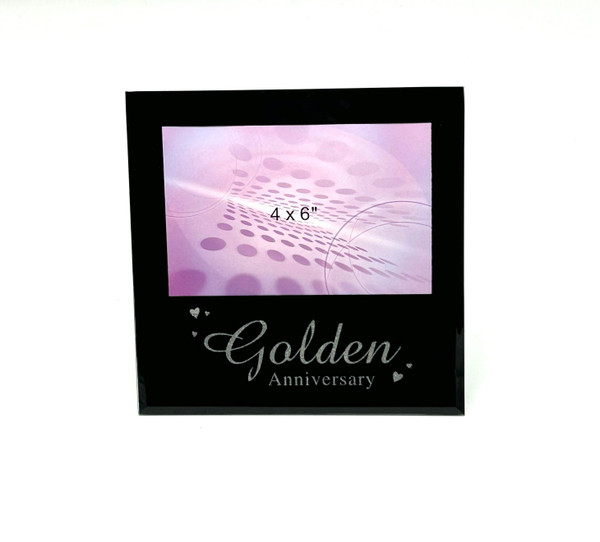 Golden Anniversary mirrored glass photo frame for 50th wedding anniversary gift, fits 4 x 6 photo