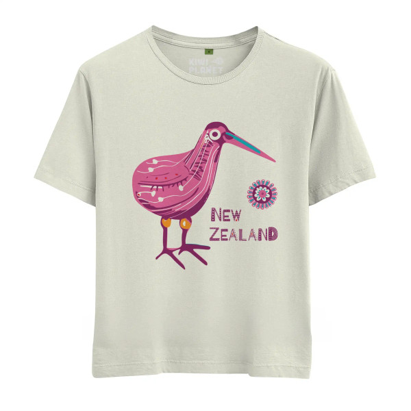 Cream women's New Zealand t-shirt with pink kiwi design