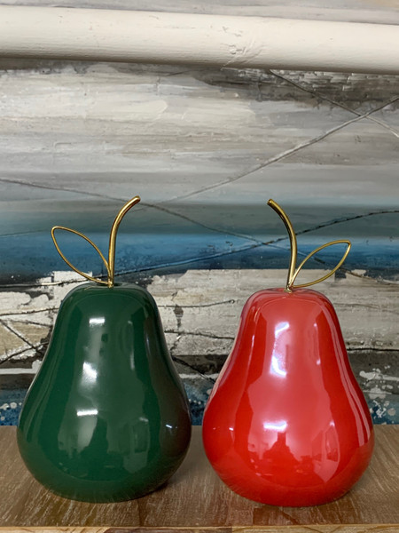 Pears Pearlish Red And Dark Green with Gold Metal Stems Ceramic 18 cm 2 Assorted