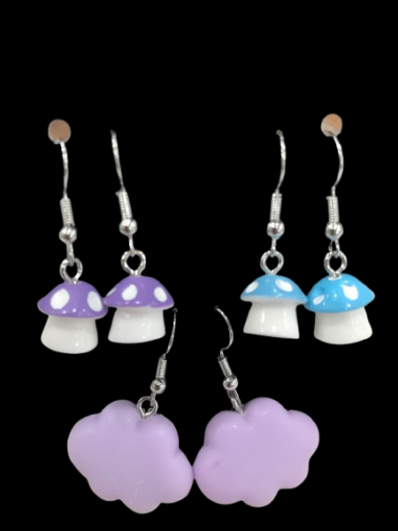Set of three fun earrings - mushrooms and cloud