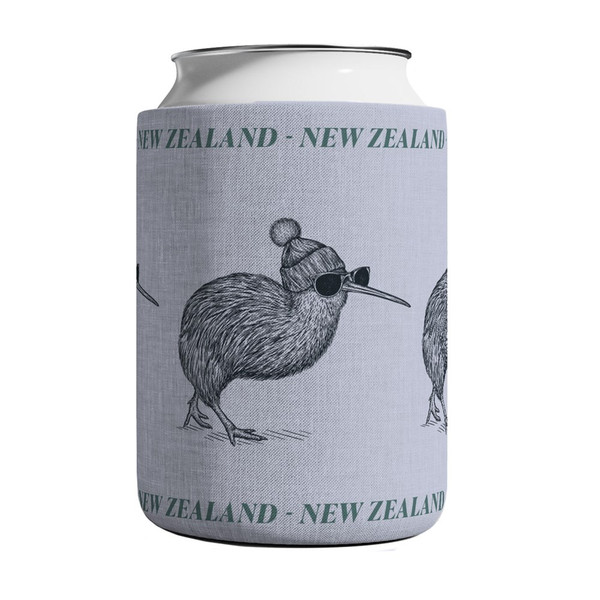 Can Cooler with Kiwi in sunnies and a beanie