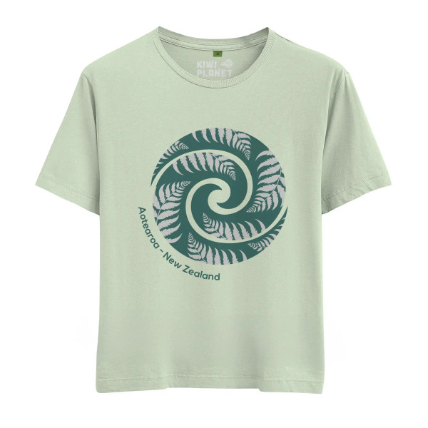 Green women's New Zealand souvenir t-shirt with silver fern design