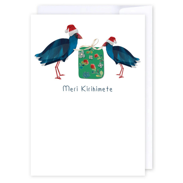 Kiwiana Christmas card- Meri Kirihimete with pukekos