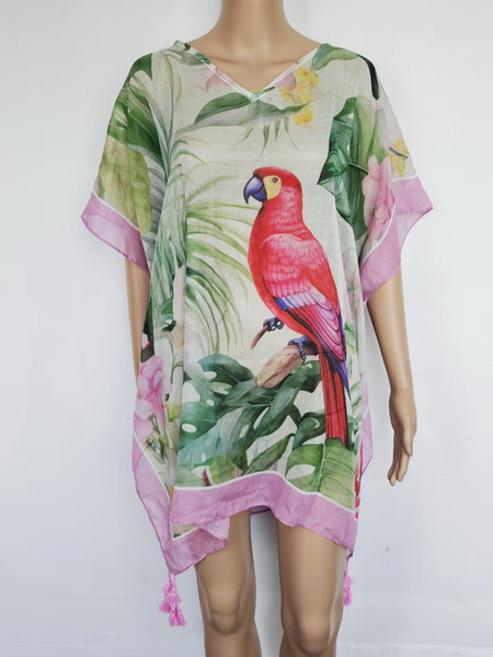 Kaftan with leaves and red parrot design