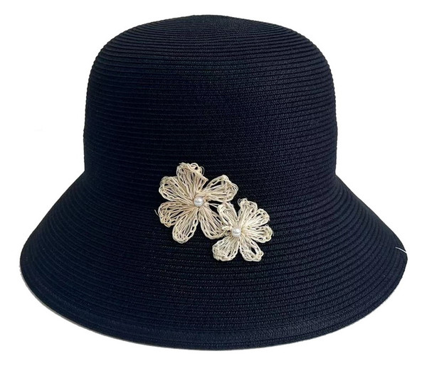 Art Deco style cloche hat with flowers and faux pearl detail