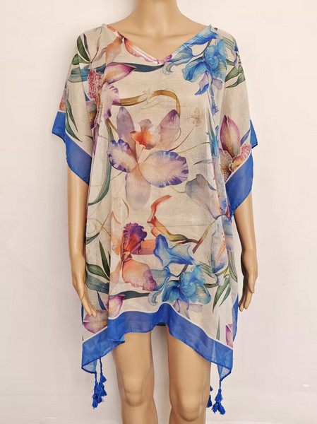 Kaftan with orchid design and blue border