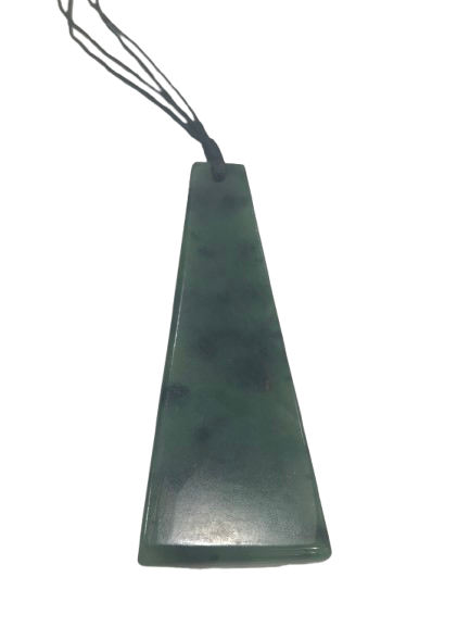NZ greenstone large triangular shaped pendant on black cord