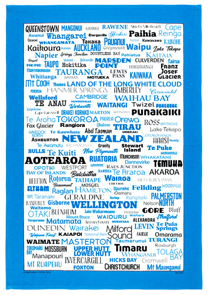 New Zealand Place Names Tea towel -Blue | 100% cotton