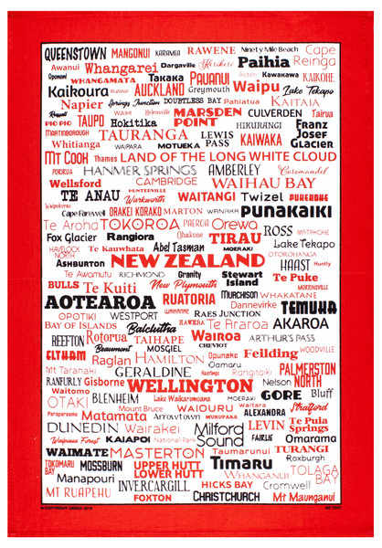 New Zealand Place names Tea Towel -Red |100% cotton