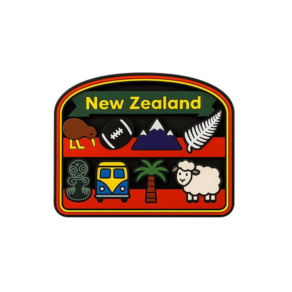 Colourful New Zealand icons fridge magnet with kiwi, fern, rugby ball and sheep