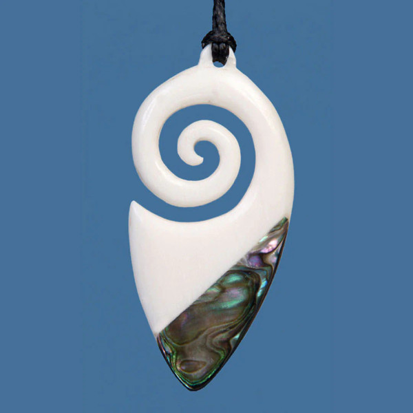 teardrop shape bone necklace with koru design and paua inlay